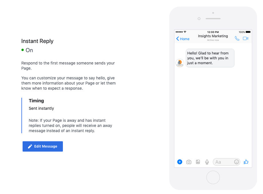 Facebook Instant Reply feature settings